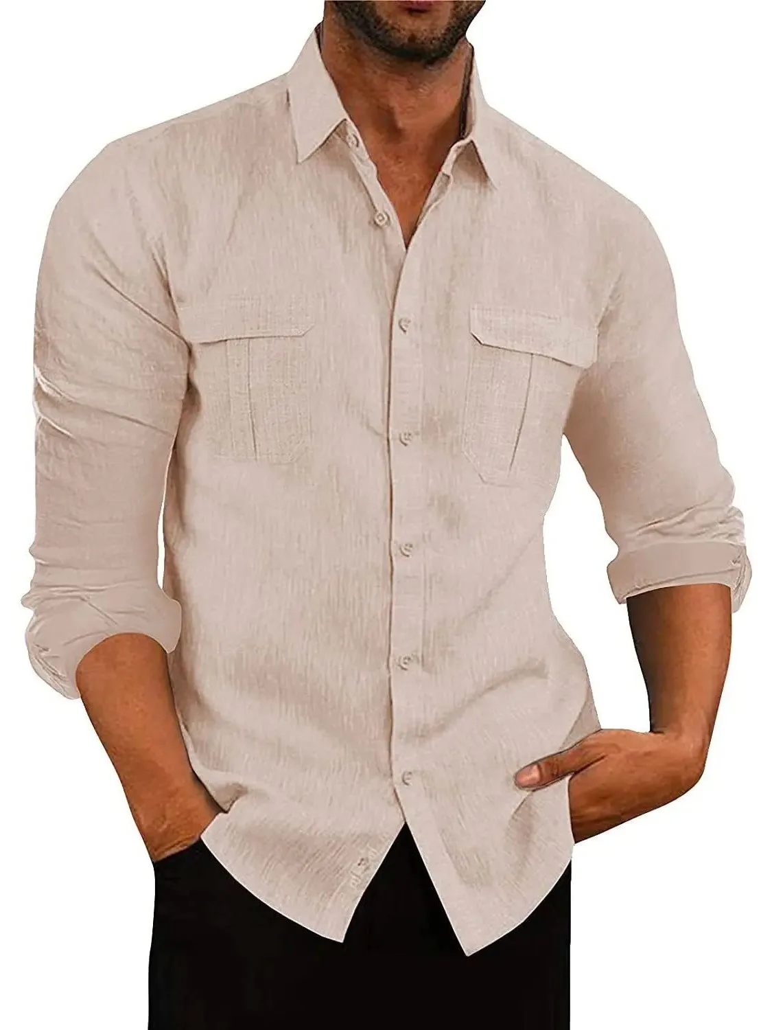 

Men's Pure Color Patchwork Pocket Shirt Fashion Urban Style Long Sleeve Polyester Fabric Casual Shirt for Daily Wear