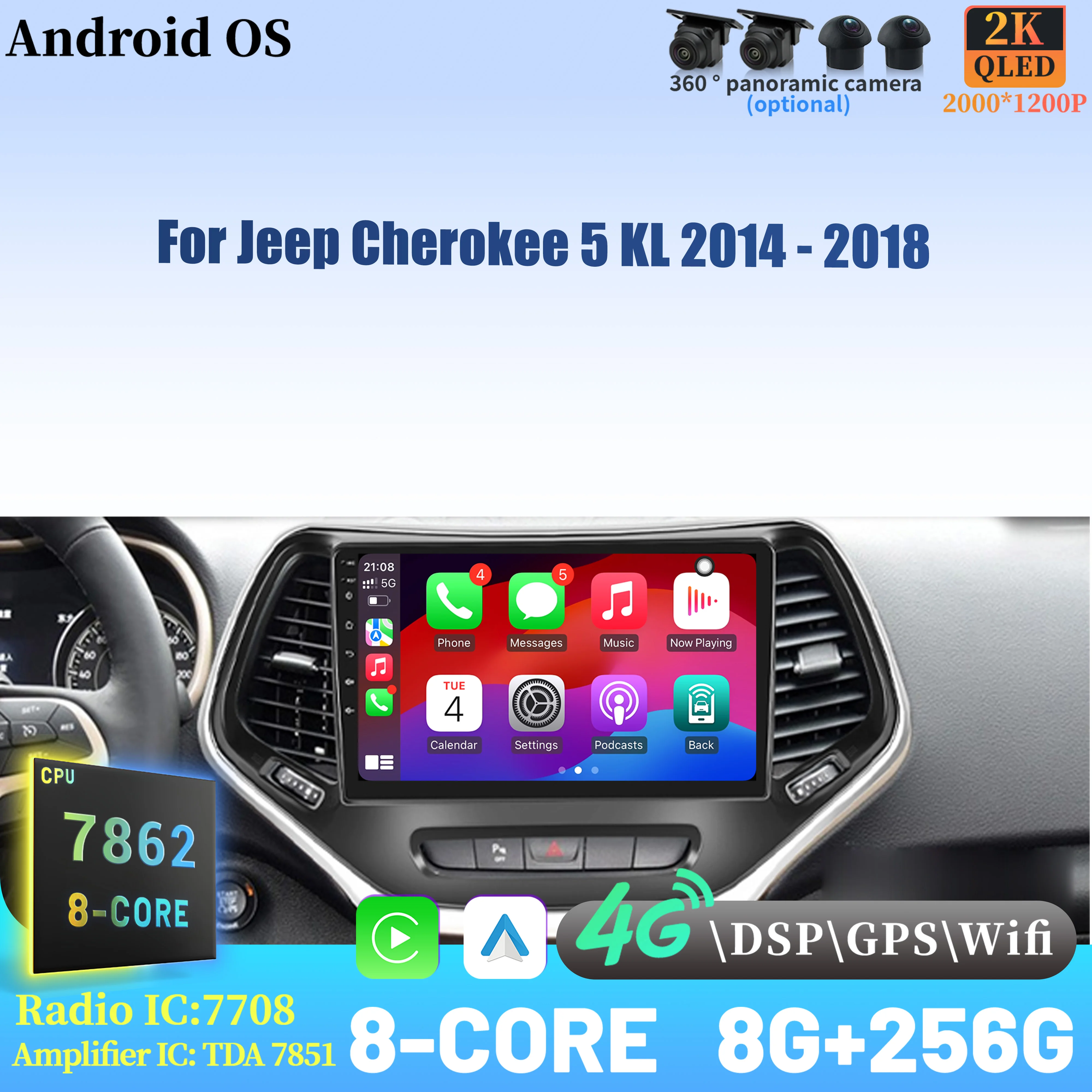

For Jeep Cherokee 5 KL 2014 - 2018 Wireless BT CarPlay Android 14 Radio Car Multimedia Player Touch 2K QLED Screen