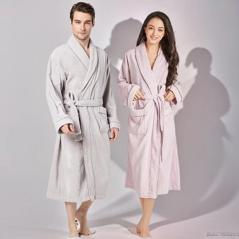 Men Nightgown Hooded Long Sleeve Color-Blocked Thickened Plush Robe Lace-up Belt Long Style Thermal Insulation Loungewear