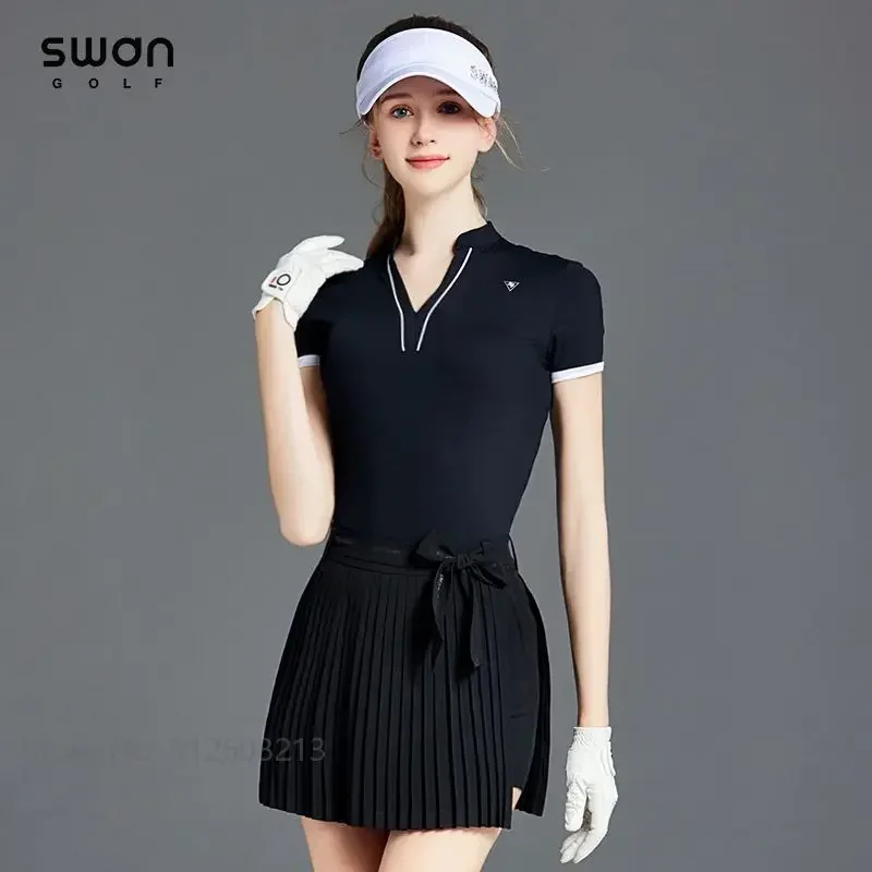 SG Women Pleated Bow Golf Skirt Adjustable Waistband A-line Skort Ladies Breathable Fast Dry Shirt Elastic Ice Silk Golf Tops