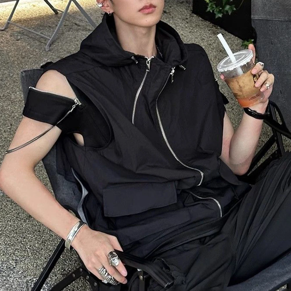 Chaleco para hombre con doble cremallera, camiseta sin mangas con diseño de cremallera en el brazo, ropa de calle de verano, camisetas sin mangas diarias para el Campus, ropa para hombre, novedad de 2025