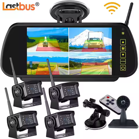 Lastbus Wireless Zoom Rear View Backup Camera With 7" DVR Mirror Monitor Quad Split Screen For RV Caravan Trailer Van Tractor