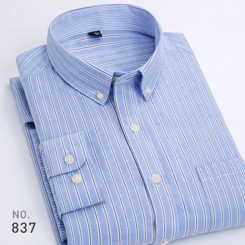 High Quality Mens Cotton Oxford Striped Single Patch Pocket Long Sleeve Regular-fit Comfortable Casual Button-collar Shirt