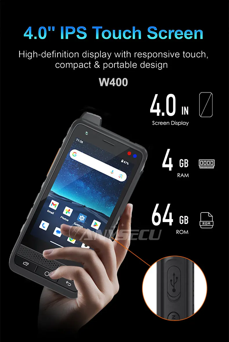 ANYSECU W400 PDA Resistente Con Walkie Talkie PoC Zello IP65 Smartphone Android 15 4350mAh 4G Rango Global Walkie Talkie NFC