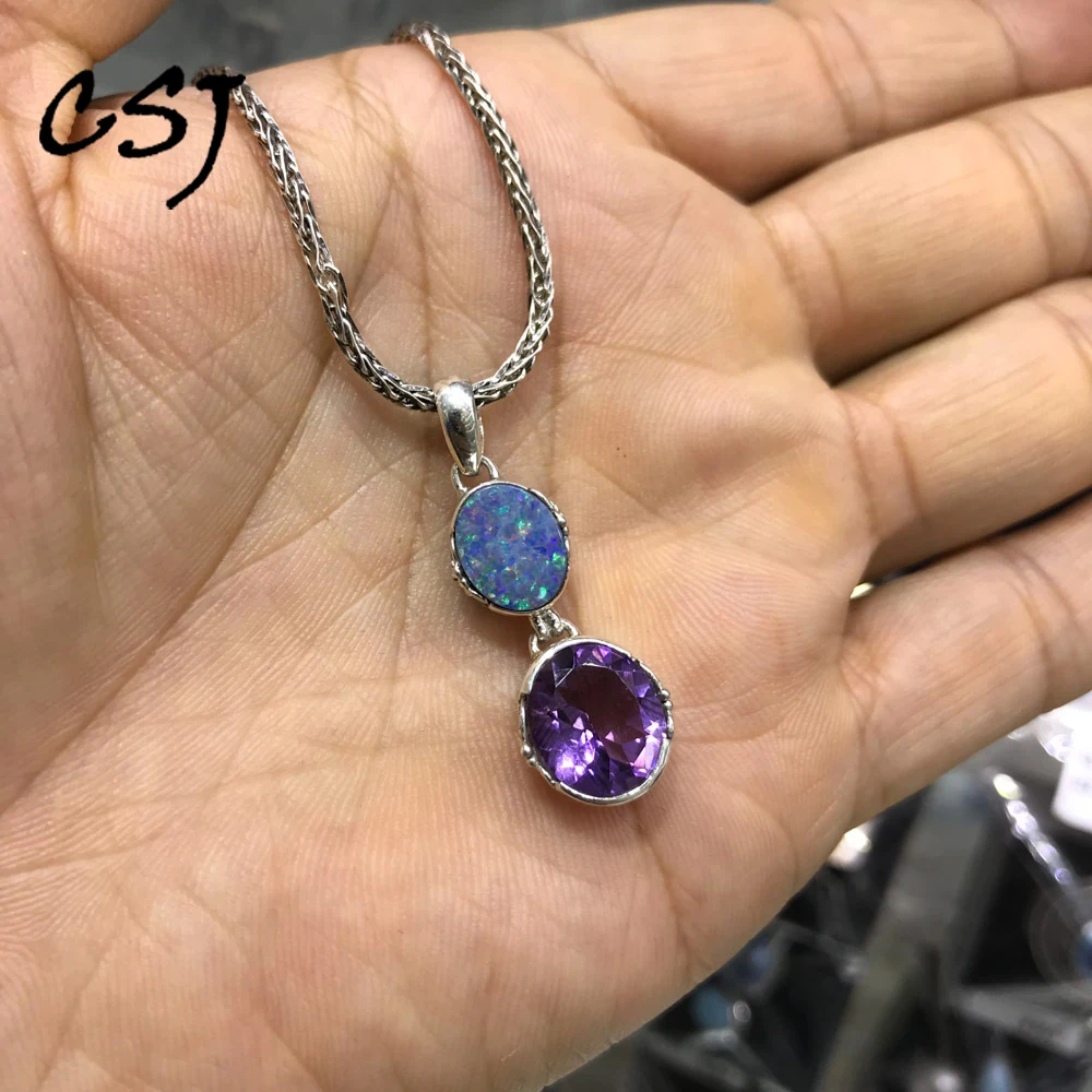 

CSJ Natural Australia Opal Pendants Sterling 925 Silver Amethyst Necklace for Women Birthday Party Handmade Jewelry Gift