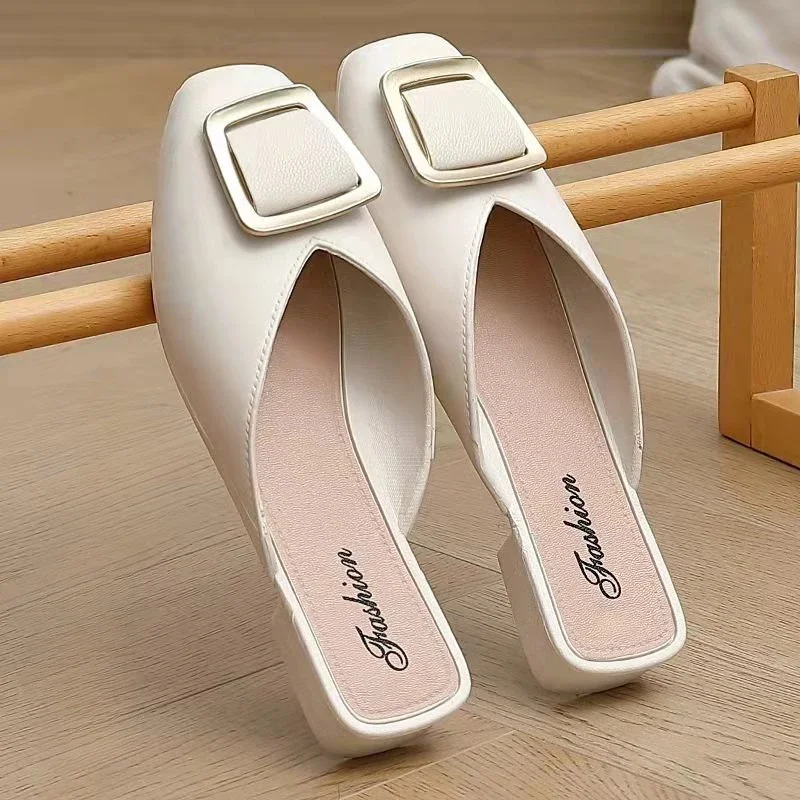 Low Heel Indoor Leather Women\'s Slippers and Ladies Sandals Outside Shoes Soft Job Slides Pearl Mules Natural Skin Footwear Pvc