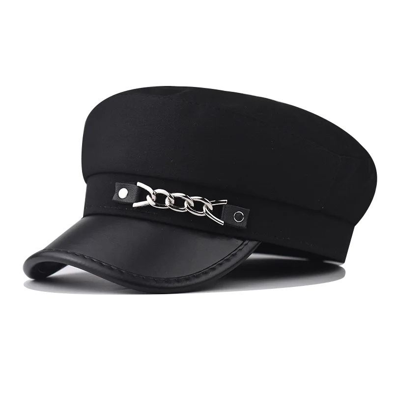 

Unisex Short Chain Navy Hat Outdoor Casual Adult Sun Hats Hip Hop PU Leather Beret Hat Streetwear Goth Sunscreen Cap
