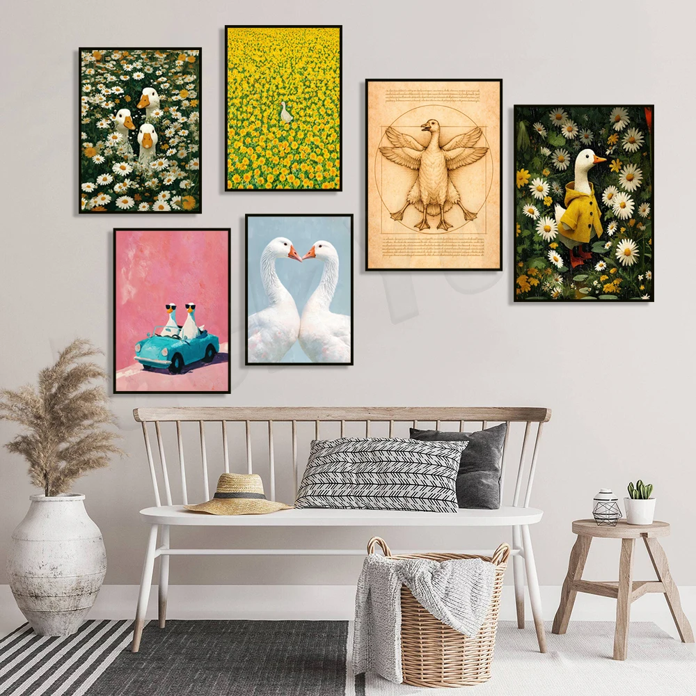 Goose-themed wall murals, romantic goose couples, ducks in a daisy field, pastoral floral posters, whimsical animal art.