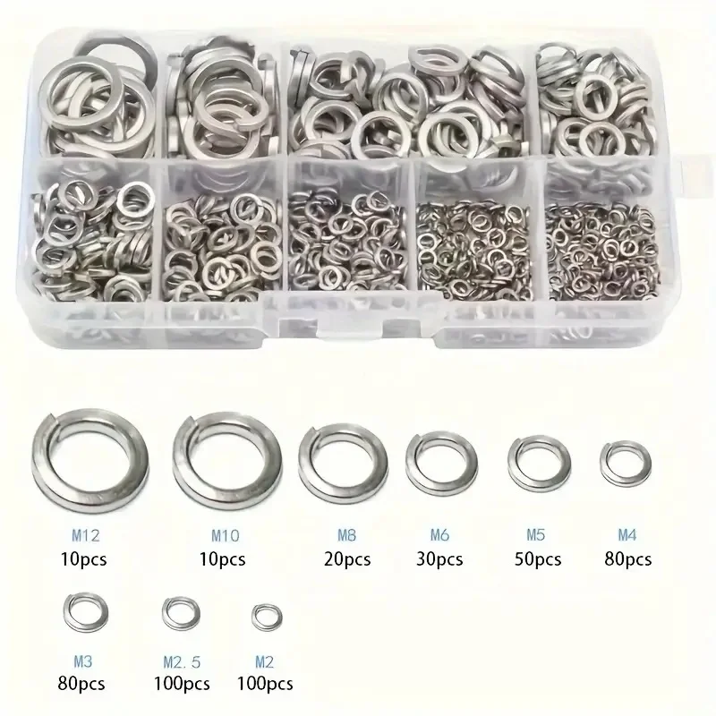 480 peças arruelas de bloqueio de mola de aço inoxidável metal o anéis juntas planas kit de variedade de fixadores M2-M12 juntas de mola abertas elásticas