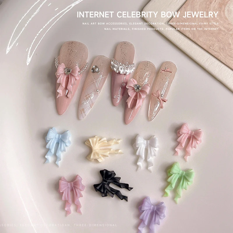 50 pz Nail Decorat Parti Carine Nastro Lungo Ondulato Arco Unghie artistiche Accessori 2 Formati Arco di Nastro Colorato 3D Resina Unghie Pendenti e Ciondoli Giapponese