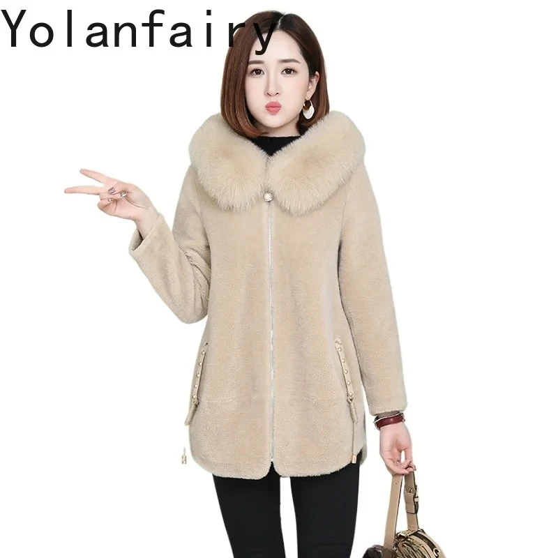 

YOLANFAIRY, одежда из натуральной шерсти для женщин, верхняя одежда с мехом, женская модная зимняя дубленка средней длины с капюшоном, пальто с лисьим воротником, новинка