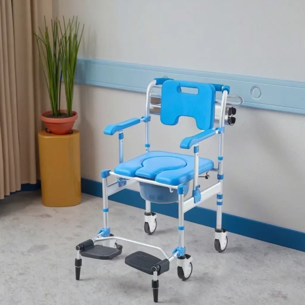 Silla de Inodoro 3 en 1 Ajustable, Plegable, Antivuelco, de Aluminio, con Reposapiés y Asiento Acolchado de Esponja, para Personas Mayores y con Discapacidad