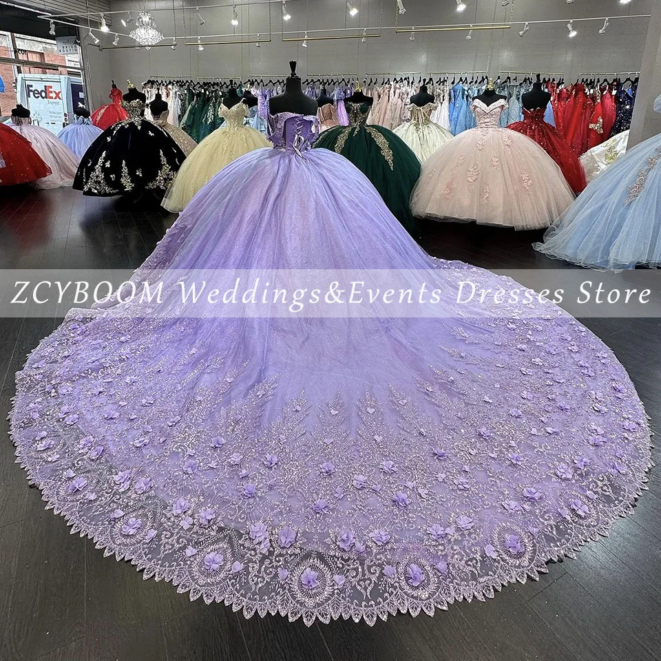 Luxo roxo Quinceanera Vestido, Querida Lantejoula Flores Vestido, Vestido de baile, Até o chão, Varrer vestido de baile, 2024