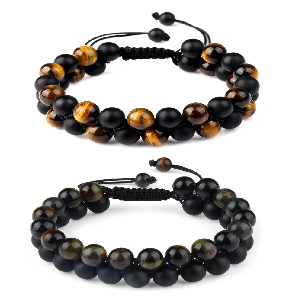 Tiger Eyes Healing Natural Stone Beaded Bracelet Adjustable Braided Rope Double Row Yoga New Fashion Men Stone Bracelet