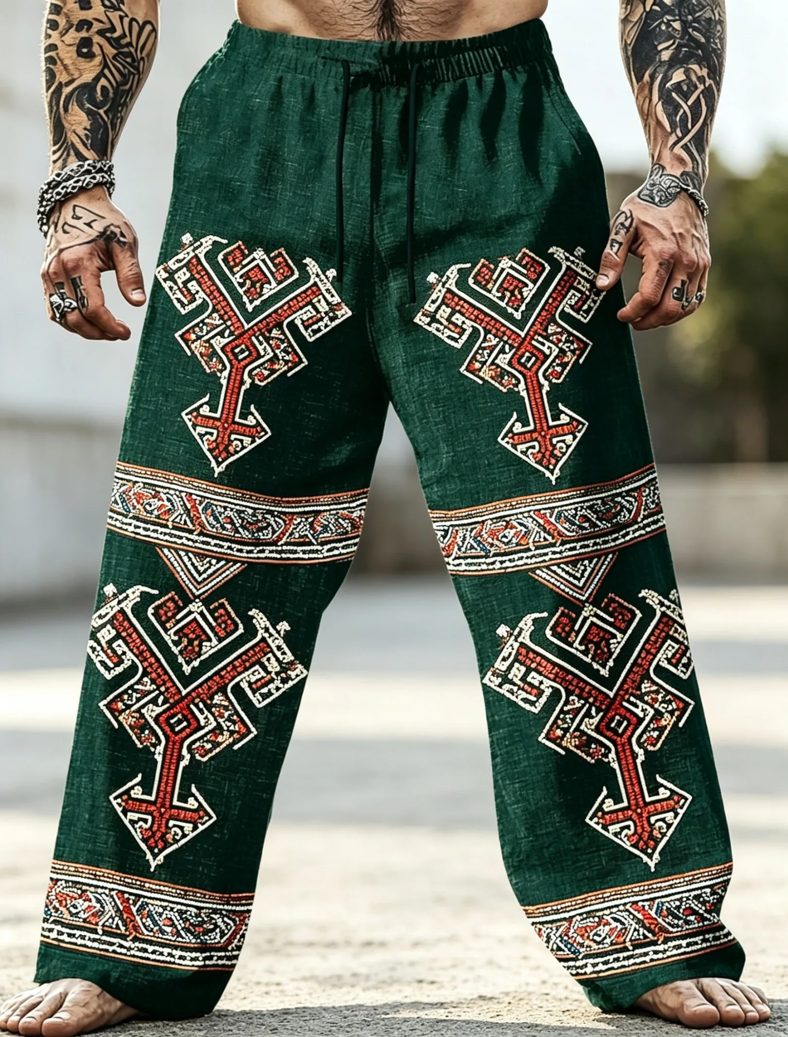 

Men's Ethnic Tribal Print Drawstring Wide Leg Pants, Casual Loose Trousers for Spring Summer Daily Wear