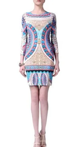 

Slim Fit Summer New Arrival Blue And White Porcelain Print Casual Knitted Dress Street Style round Neck Seven Sleeve Printed ...