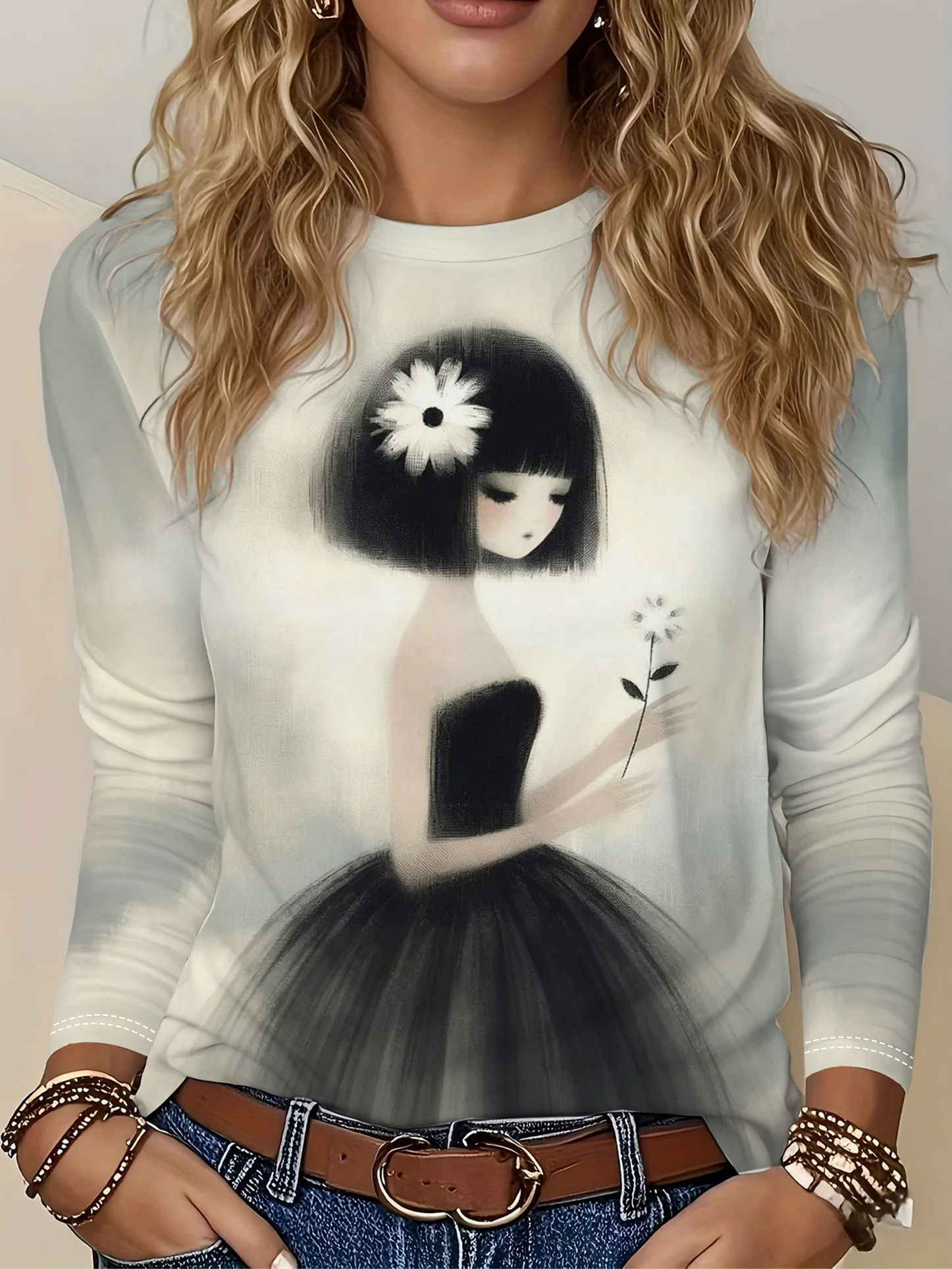 Street Fashion Female - Women T‑Shirt Long Sleeve 3D Girl