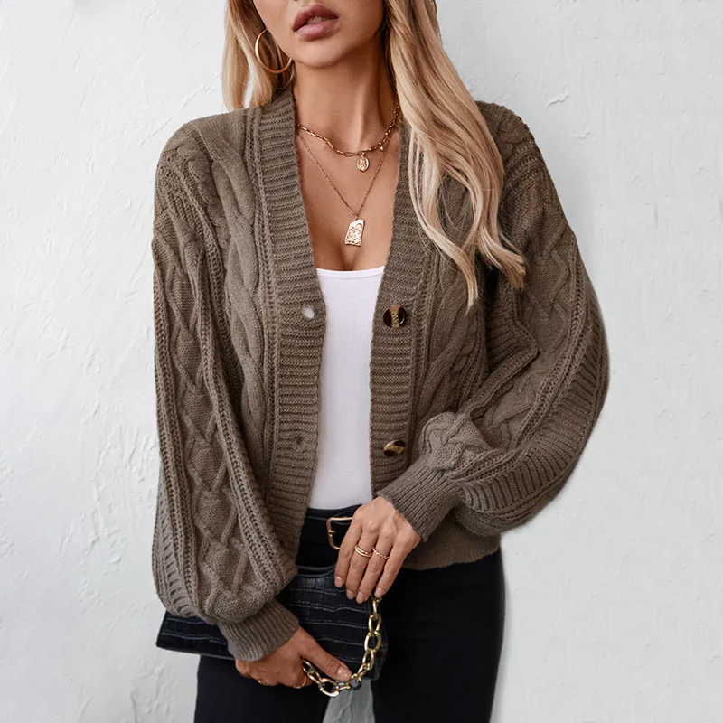 

Retro Solid Color Cable Knit Cardigan for Women, Autumn and Winter, Loose Button-Up Sweater Coat