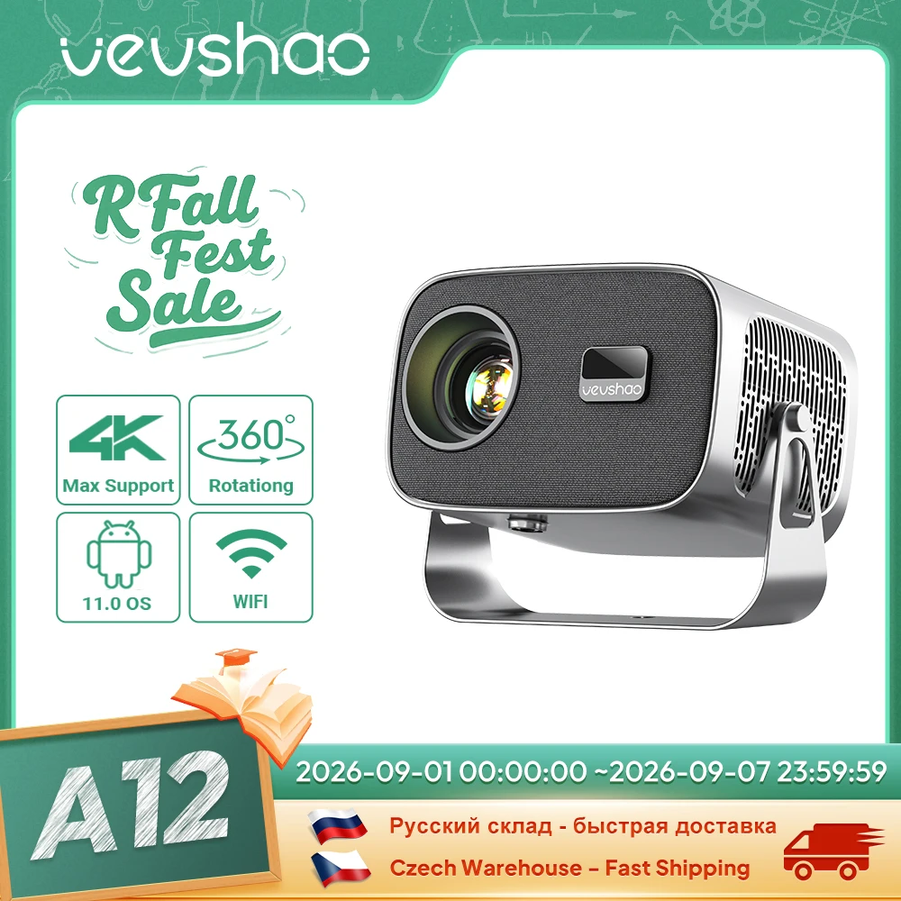 Vevshao a12 projetor mini portátil led vídeo android 13.0 wifi 6 espelho smartphone para 1080p 4k vídeo projetor de cinema em casa
