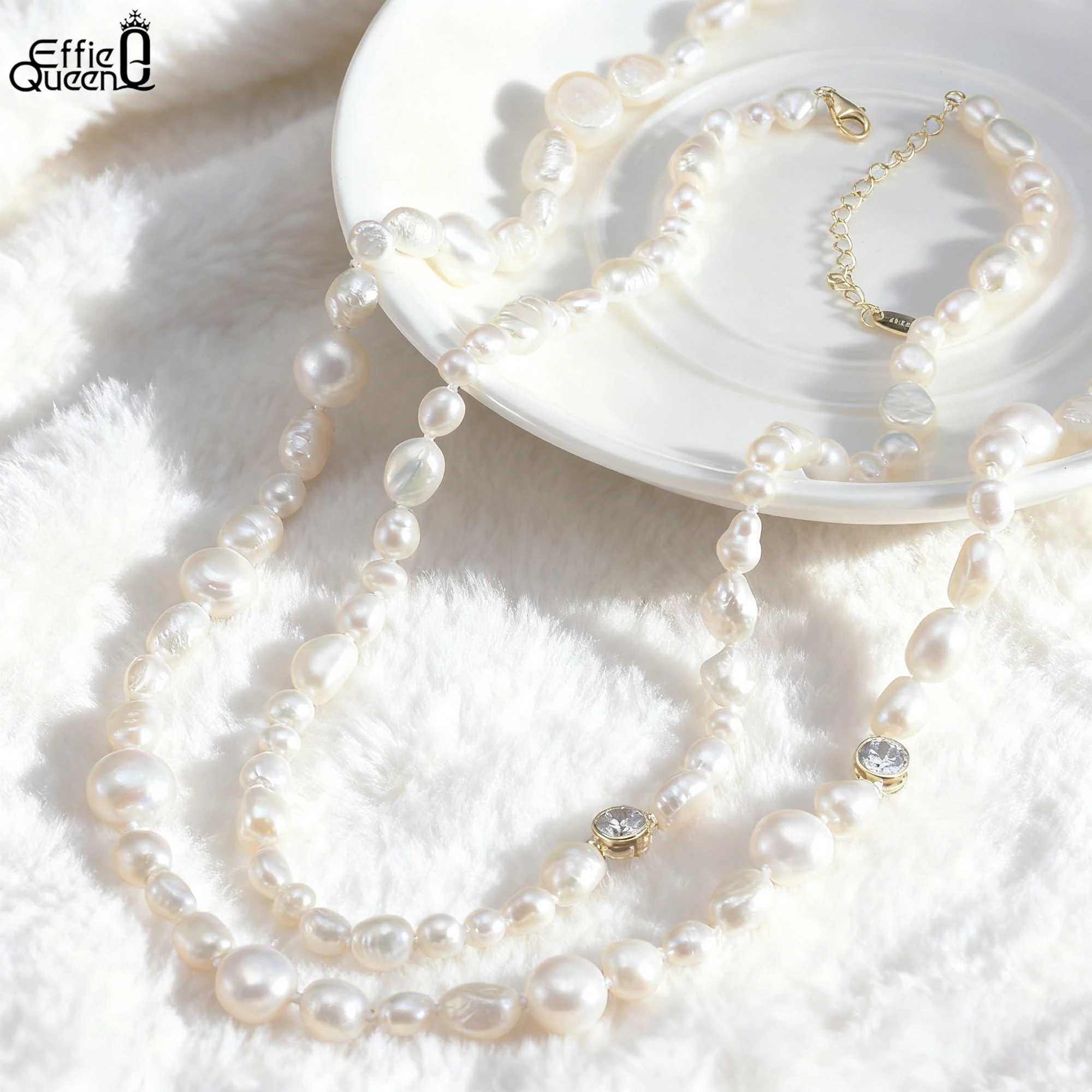 EFFIE QUEEN 925 Pure Silver 14k Gold Baroque Pearl Chain Choker Necklace Plus Zirconia Natural Jewelry for Women Banquet GPN70