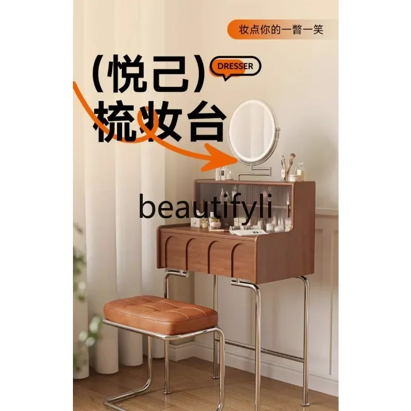 

Retro solid wood makeup table boxwood dresser small apartment storage with mirror integrated