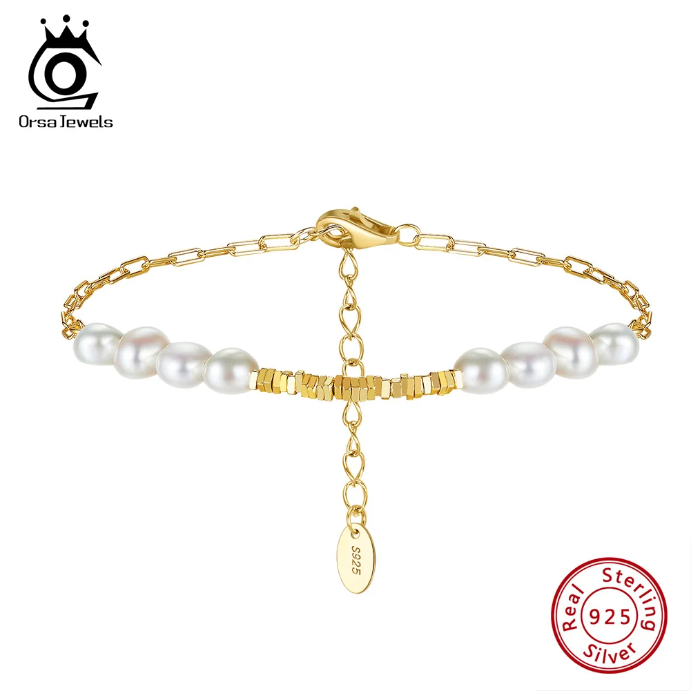 

ORSA JEWELS 14K Gold 925 Sterling Silver Nugget Chain Bracelet with Exquisite Natural Pearl for Women Fashion Jewelry GPB37