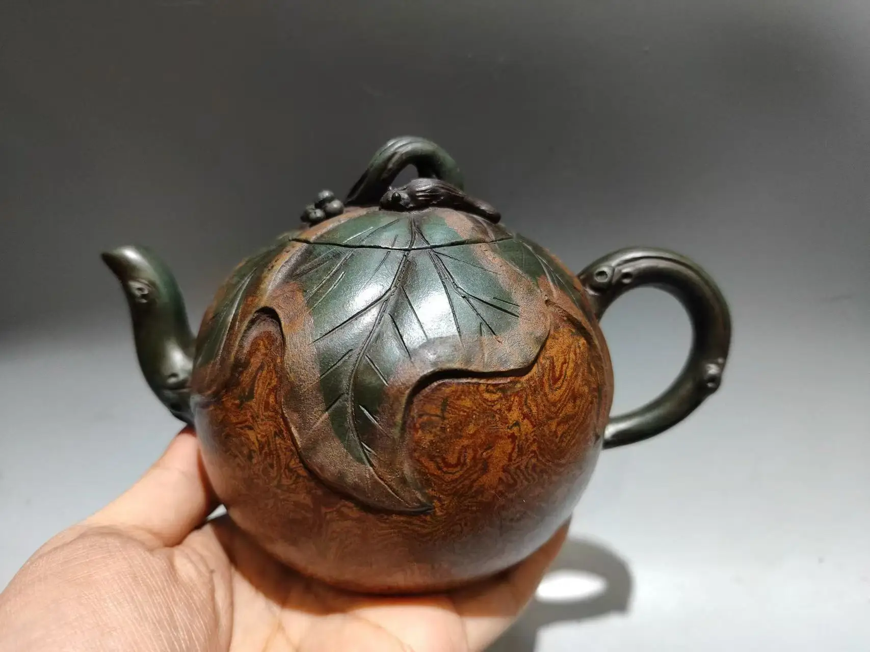 Old Chinese Handcraft Enameled  YiXing Zi Sha Clay  (yellow stoneware) Teapot,Squirrel,with mark,Free shipping