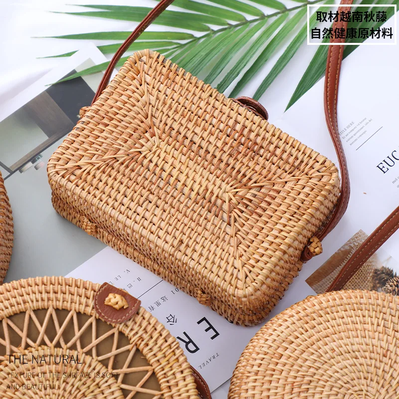 Rattan Woven Women\'s Shoulder Bag Round Straw Beach Bags Female Bohemian Handbag Luxury Designer Handmade Crossbody Bag Bali Box