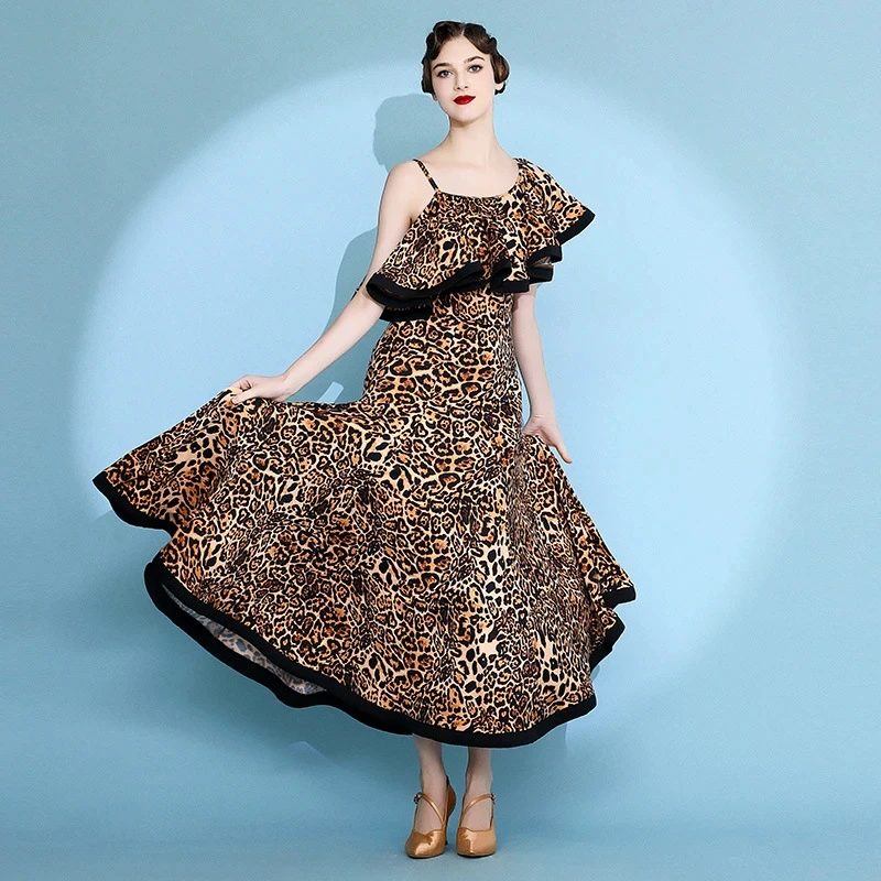 New Female Ballroom Dress Leopard Irregular Design Tango Dress Standard Ballroom Waltz Modern Dance Competition Dancewear S9087