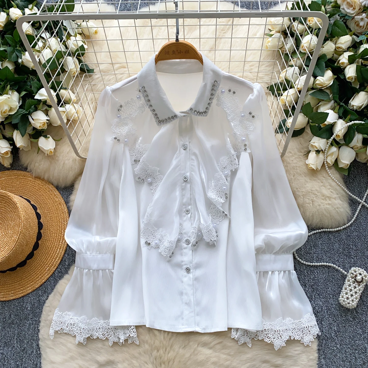 

Винтажная элегантная свободная блузка с воротником-поло и стразами, модная рубашка, шикарный топ, осенняя женская одежда феи