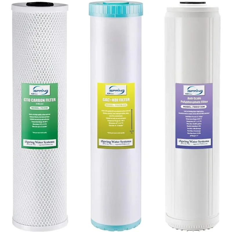 iSpring F3WGB32BKDS 4.5” x 20” 3-Stage Whole House Water Filter Replacement Pack with Polyphosphate Anti-Scale, GAC+KDF