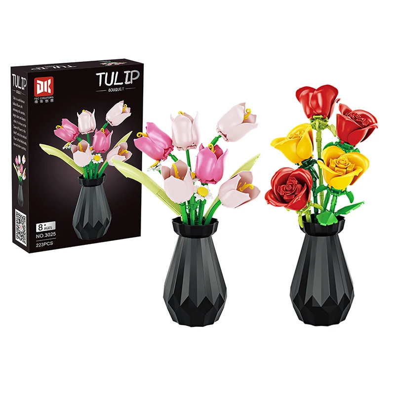 Vase Rose/Tulips Flower Model Building Blocks Set Home Decoration 3D Bouquet Assembly DIY Bricks Kids Toys Adult For Girls Gifts