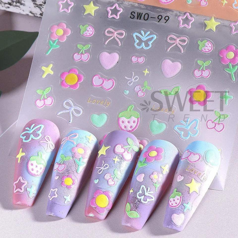 2 piezas de calcomanías de arte de uñas con elementos dulces, flores simples, corazones, cerezas, fresas, calcomanías kawaii, lazos coloridos, mariposas, sliders de manicura 6
