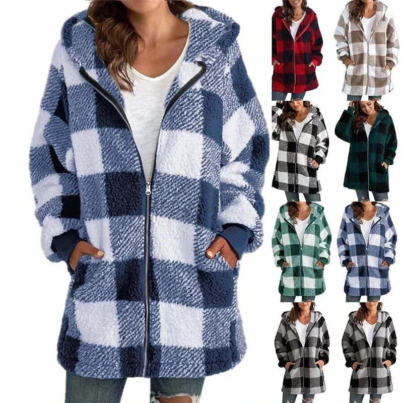 Women's Polar Fleece Long Sleeve Coat Fashion Plaid Casual Loose Pocket Zipper Hooded Coat Office Commuter Street Pullover Coat