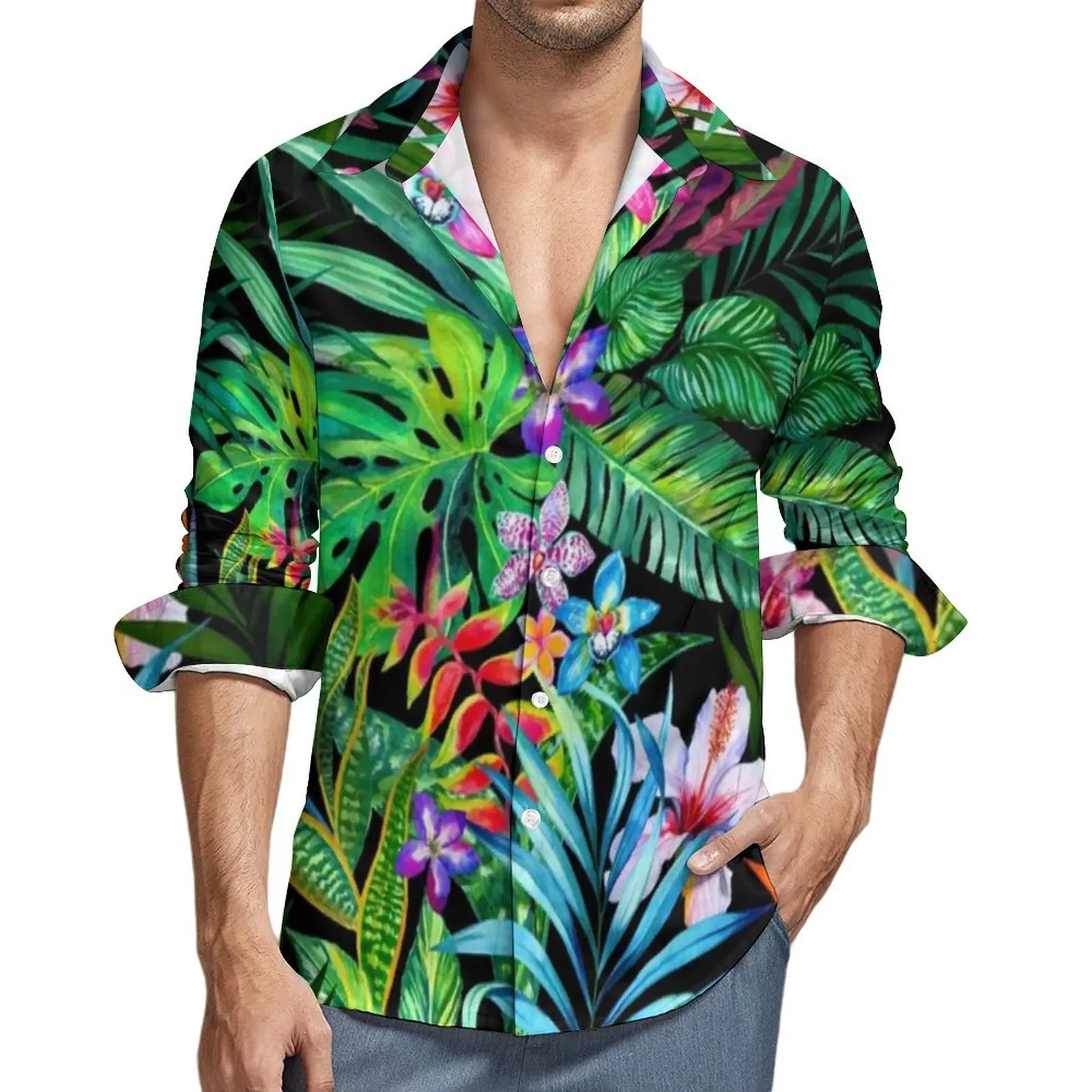 Men Shirt Floral Leaves Casual Shirts Long Sleeve Tropical Fes Fun Jungle Print Fashion Blouse Autumn Loose Oversized Tops