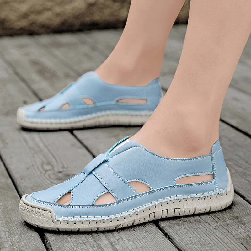 

Мужские кожаные сандалии с пряжкой и ремешком для повседневного/наружного использования, гибкие мужские сандалии ручной работы с шитьем