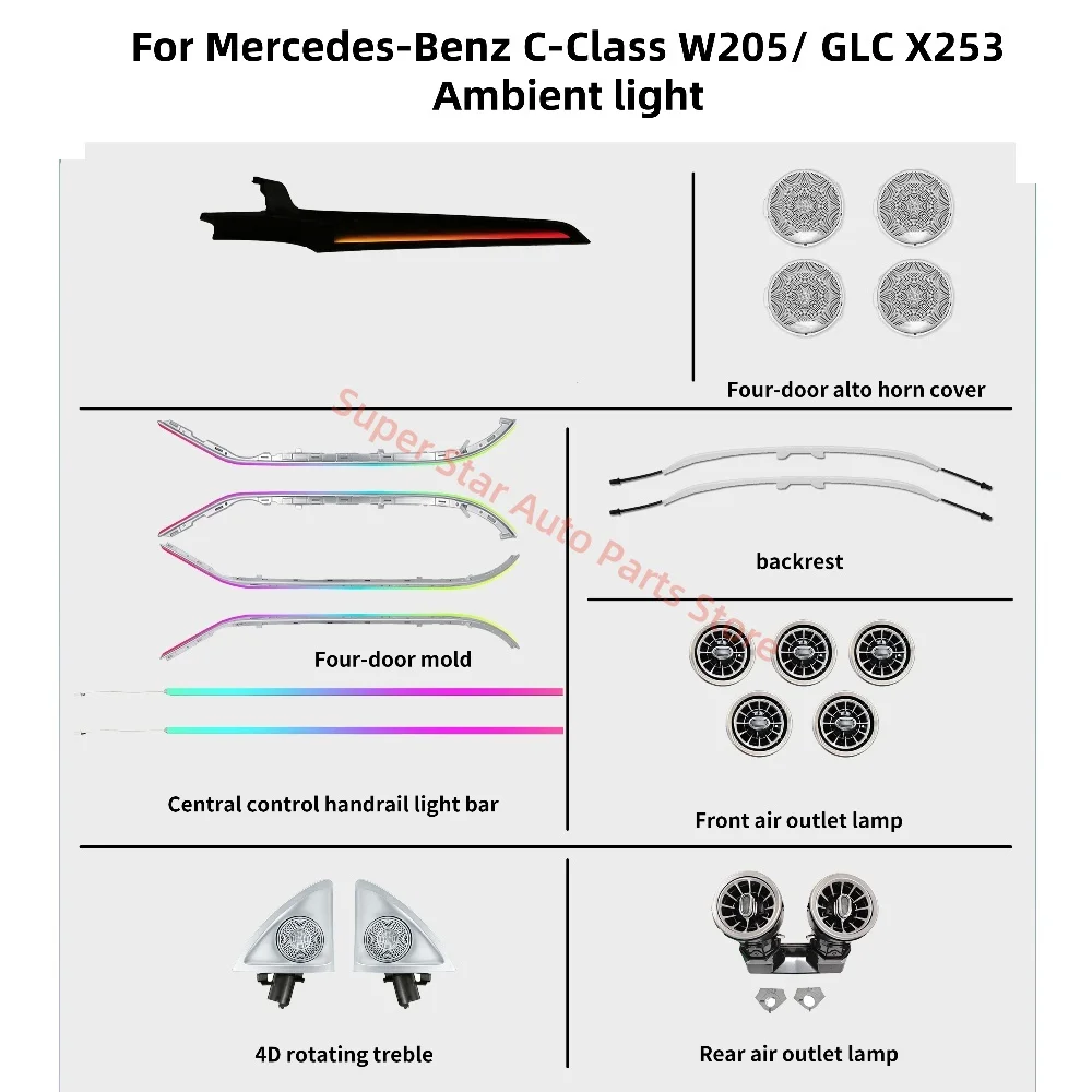 

RHD LHD для Mercedes-Benz C-Class W205, окружающее освещение, автомобильные аксессуары, 4D вращающийся тройник, светящаяся накладка, светящиеся вентиляционные отверстия, новые