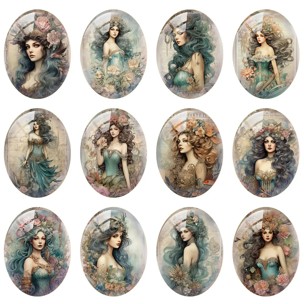 10pcs/lot Secret Mermaid Girl Flower Fairy Oval Photo Glass Cabochon Flatback Demo Cameo For Diy Jewelry Making