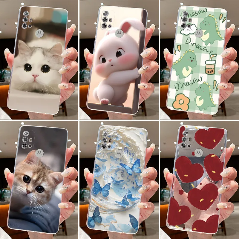 Fundas para Motorola Moto G30 / Moto G20 / Moto G10, Carcasa Protectora de Silicona Transparente, Suave, TPU, con Diseño de Gato y Conejo