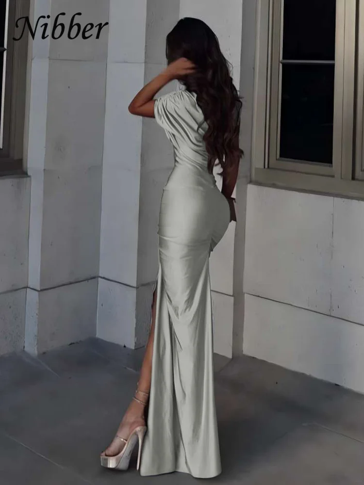 Nibber فستان مجوف غير منتظم للنساء مكشكش بياقة قطرية وأكمام قصيرة بدون خصر شقوق للشارع مزاجه طويل Bodycon #3