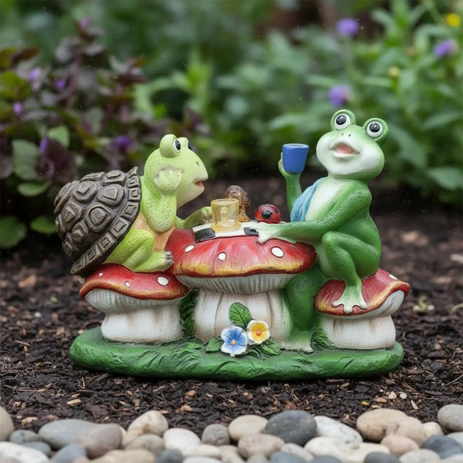 Solar Resin Frog and Turtle Sculpture Outdoor Garden Figurine Garden Statue for Patio Lawn