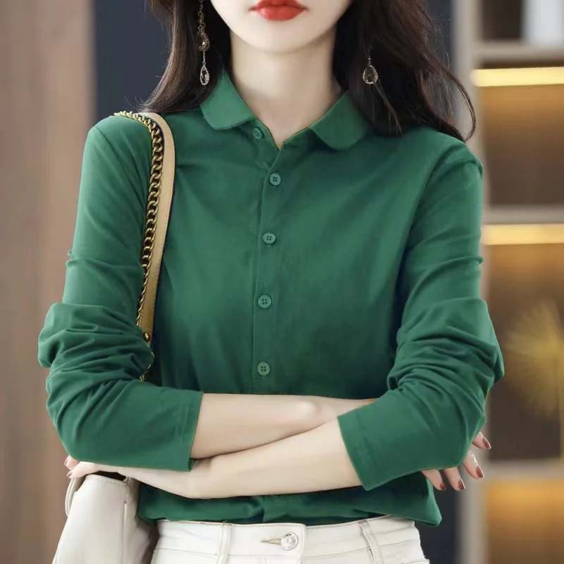 

Женская рубашка из чистого хлопка с длинным рукавом и воротником, в корейском стиле, для повседневной носки, свободного кроя, с пуговицами, весна-осень