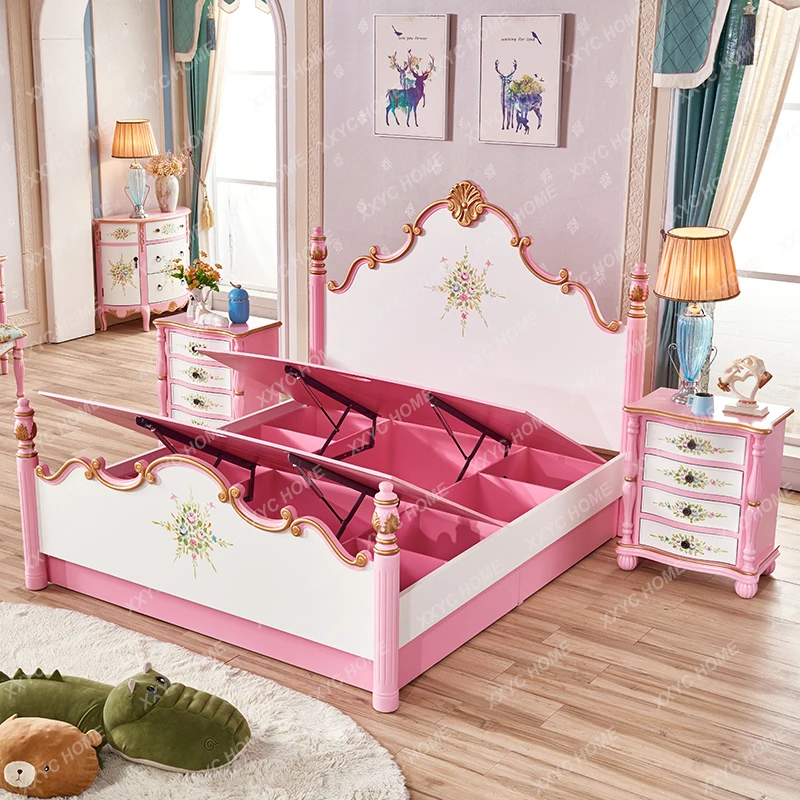 Girl pink painted rural solid wood bed home master bedroom