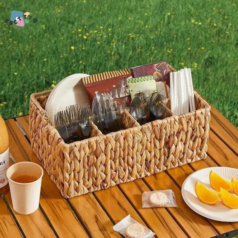 

Water Hyacinth Handwoven Cutlery Organizer Foldable Handle Rural Style Kitchen Storage Box Rectangular Dinnerware Storage Basket