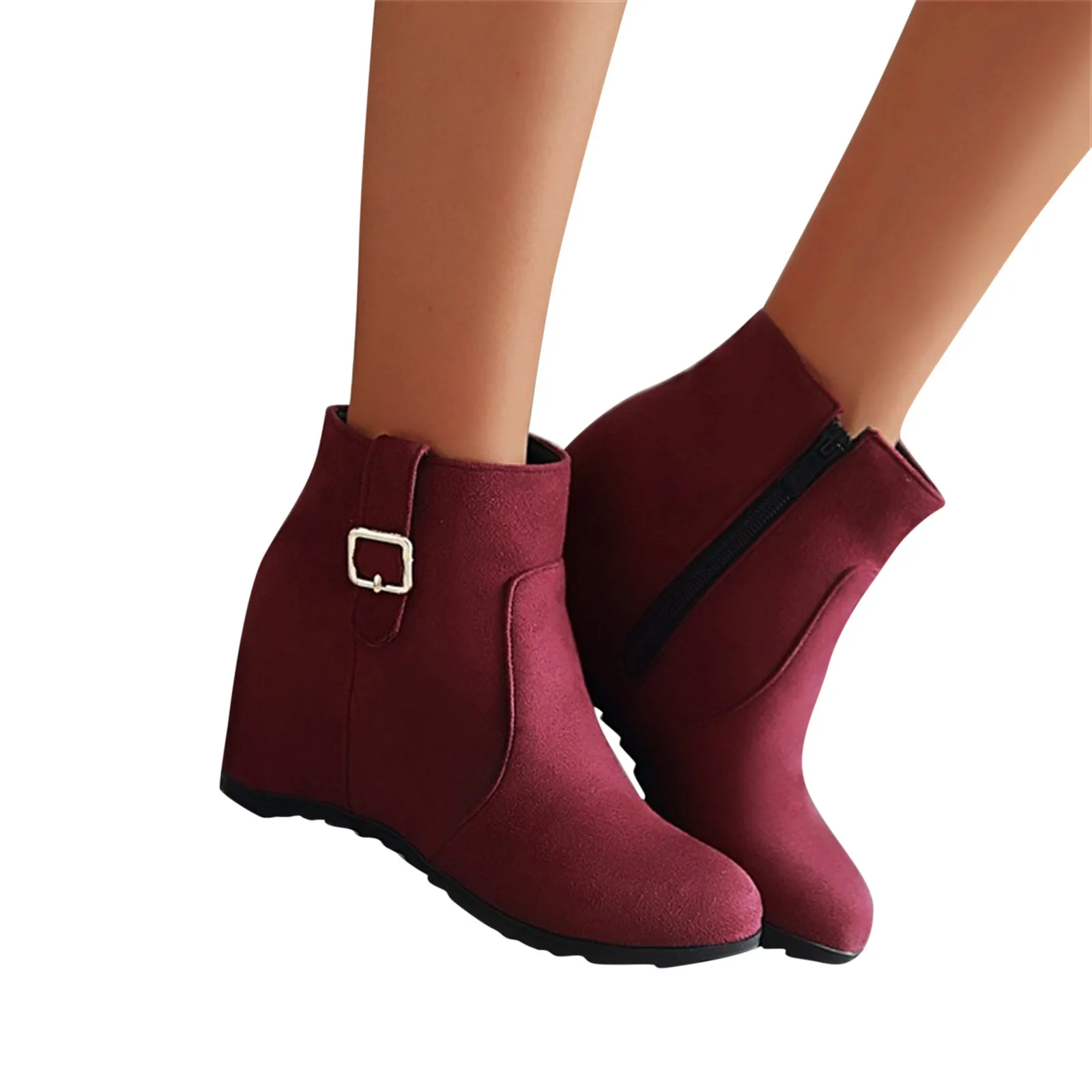 Ladies Fashion Solid Color Belt Buckle Inner Heightening Wedge Heel Side Zipper Boots Compression Socks Running Women Mid Calf