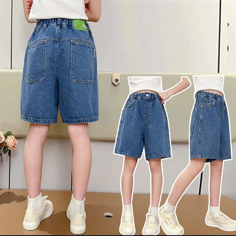 Girls Jeans Shorts Big Kids Summer Thin Cool Pants Children's Casual Knee Length Jeans New Teenager Daily Fashion Clothing 4-14Y