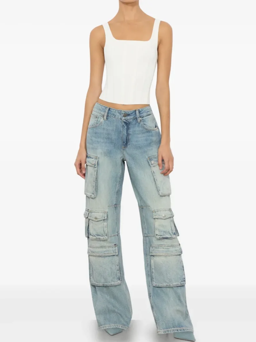 

Women Pockets Decoration Loose Jeans 100% Cotton High Waist Straight Casual Female Denim Long Pants