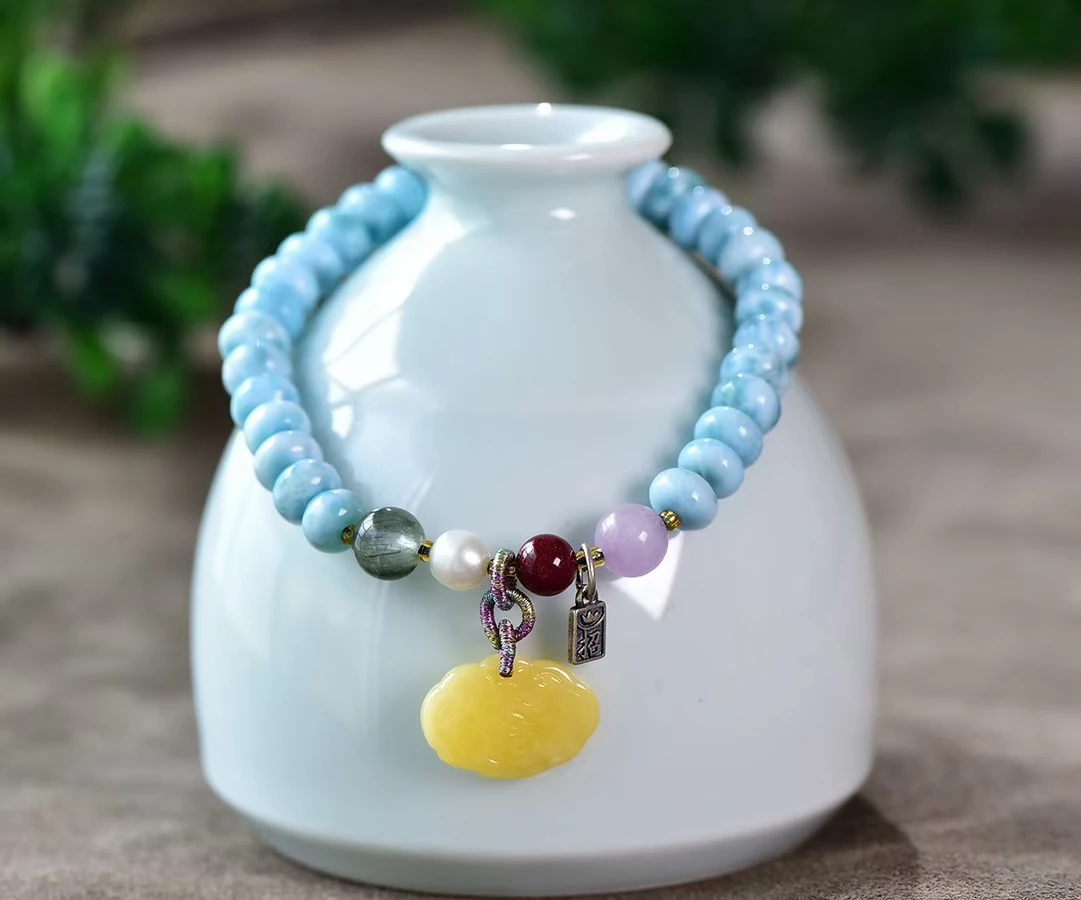 Natural Blue Larimar Round Beads Bracelet Pattern Jewelry Amber Pendant 7.5mm Blue Larimar Women Men AAAAAAA