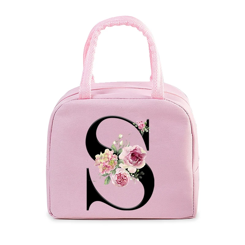 Pink Aesthetics Insulated Lunch Bags Vintage Flower 26 Alphabet Women Men Lunch Picnic Food Cooler Bag Lunch Box Storage Bag