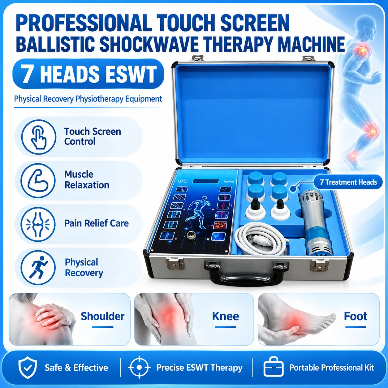 Professional Touch Screen Ballistic Shockwave Therapy Machine 7 Heads ESWT for Physical Recovery Physiotherapy Equipment